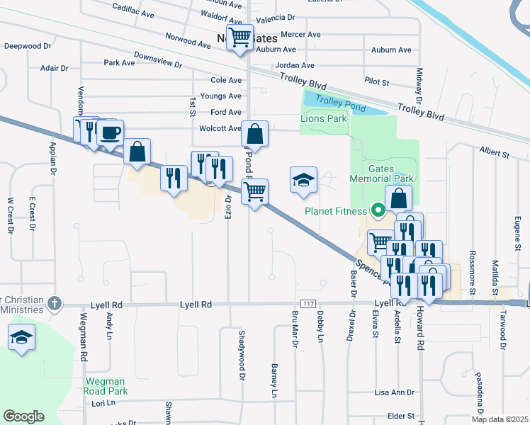 map of restaurants, bars, coffee shops, grocery stores, and more near in Gates-North Gates