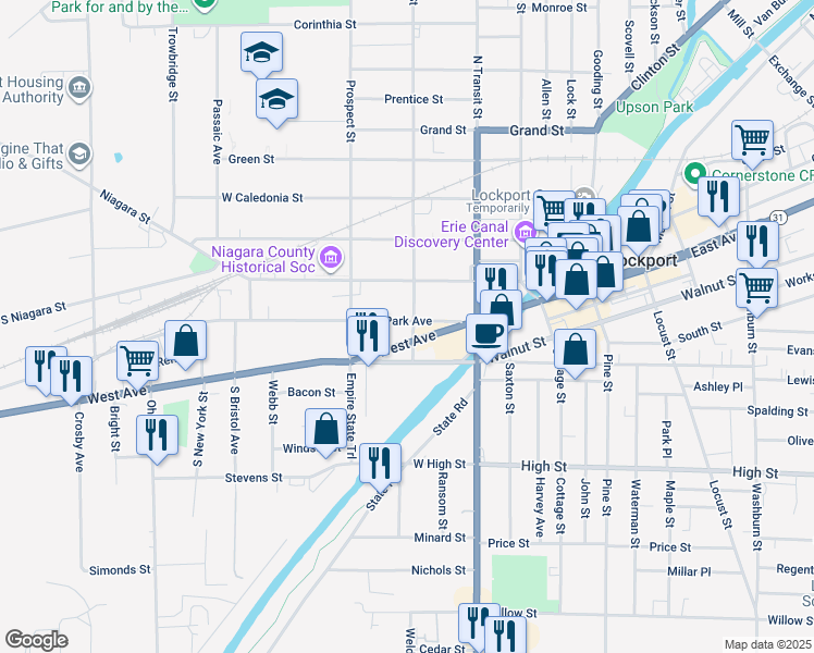 map of restaurants, bars, coffee shops, grocery stores, and more near 105 West Avenue in Lockport