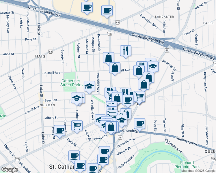 map of restaurants, bars, coffee shops, grocery stores, and more near in St. Catharines