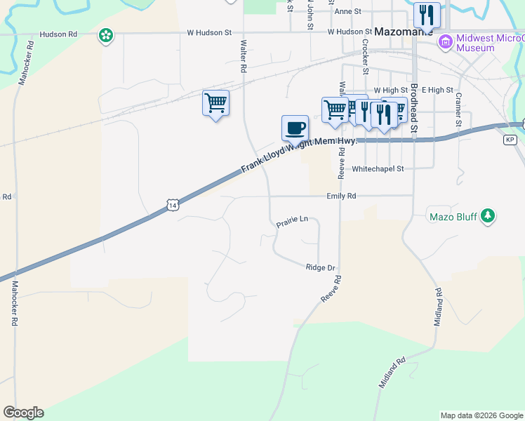 map of restaurants, bars, coffee shops, grocery stores, and more near 605 Ridge Drive in Mazomanie