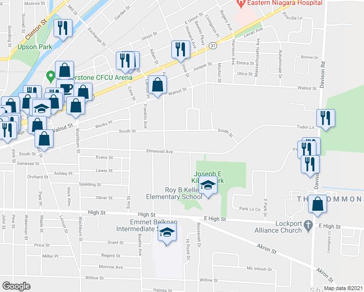 map of restaurants, bars, coffee shops, grocery stores, and more near 240 Elmwood Avenue in Lockport