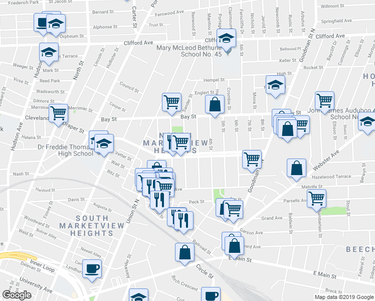 map of restaurants, bars, coffee shops, grocery stores, and more near 310 Central Park in Rochester