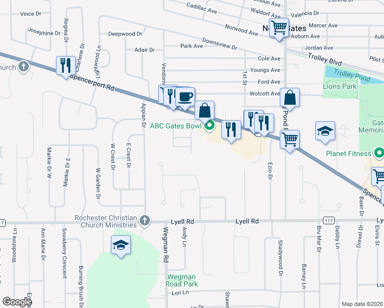 map of restaurants, bars, coffee shops, grocery stores, and more near 398 Gates Manor Drive in Rochester