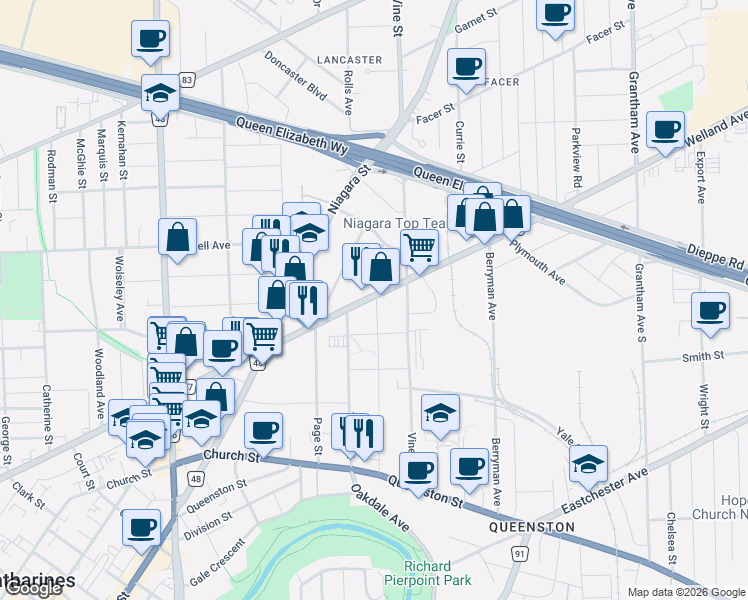 map of restaurants, bars, coffee shops, grocery stores, and more near 278 Welland Avenue in St. Catharines