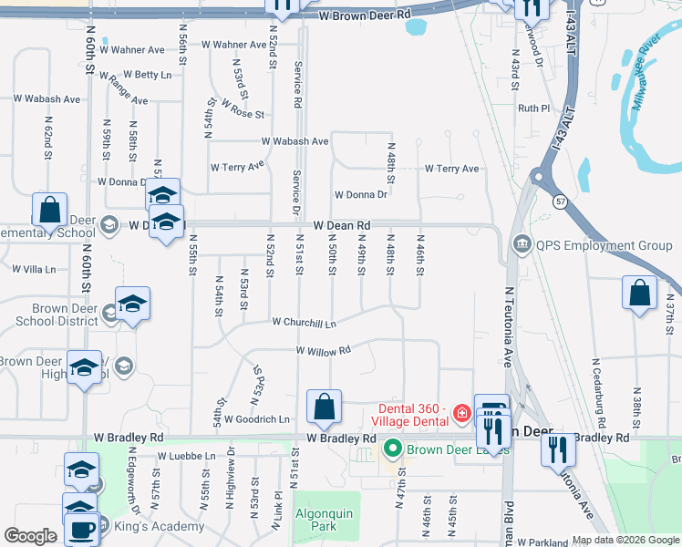 map of restaurants, bars, coffee shops, grocery stores, and more near 8263 North 50th Street in Brown Deer