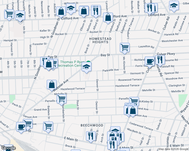 map of restaurants, bars, coffee shops, grocery stores, and more near 230 Denver Street in Rochester