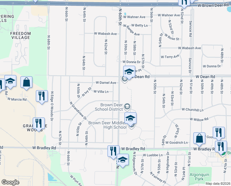 map of restaurants, bars, coffee shops, grocery stores, and more near 8272 North 61st Street in Brown Deer