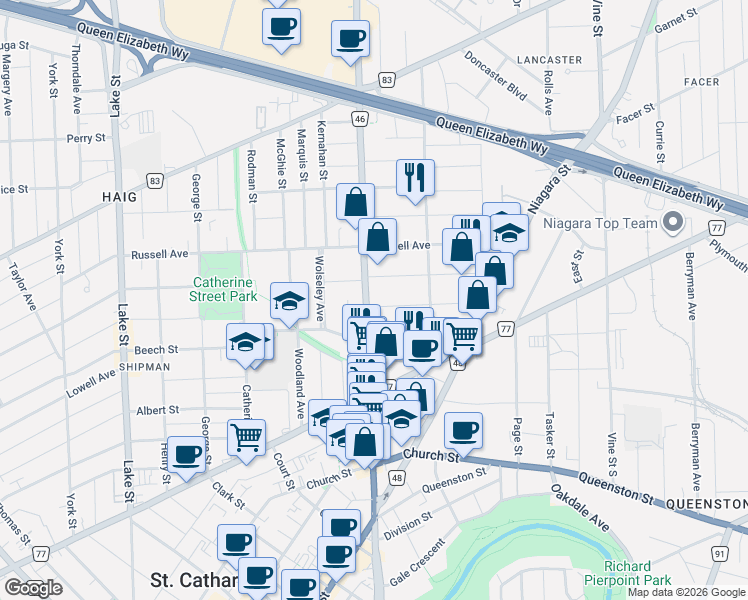 map of restaurants, bars, coffee shops, grocery stores, and more near 148 Geneva Street in St. Catharines