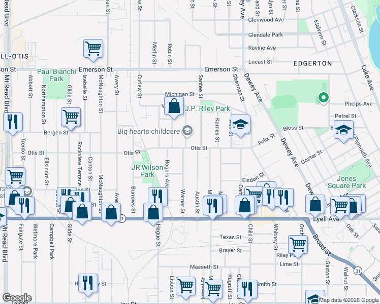 map of restaurants, bars, coffee shops, grocery stores, and more near in Rochester
