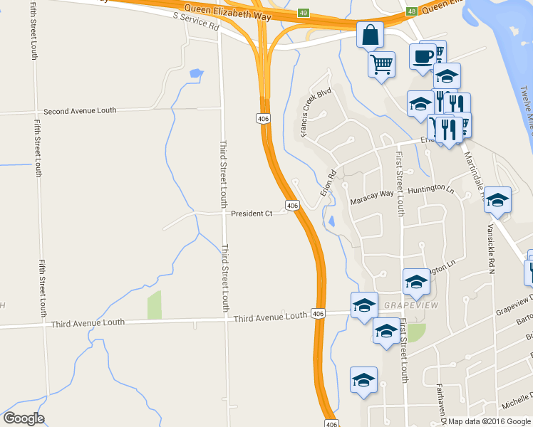 map of restaurants, bars, coffee shops, grocery stores, and more near 1396 President Court in Saint Catharines