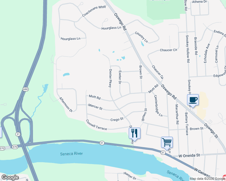 map of restaurants, bars, coffee shops, grocery stores, and more near 8223 Dexter Parkway in Baldwinsville