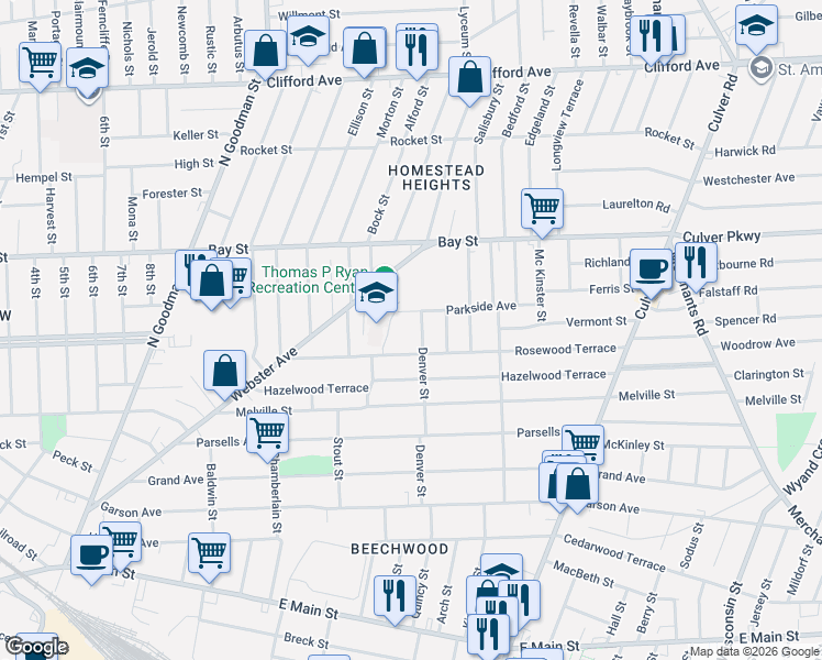 map of restaurants, bars, coffee shops, grocery stores, and more near 230 Denver Street in Rochester
