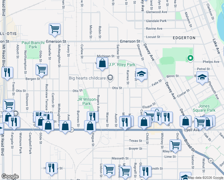 map of restaurants, bars, coffee shops, grocery stores, and more near in Rochester