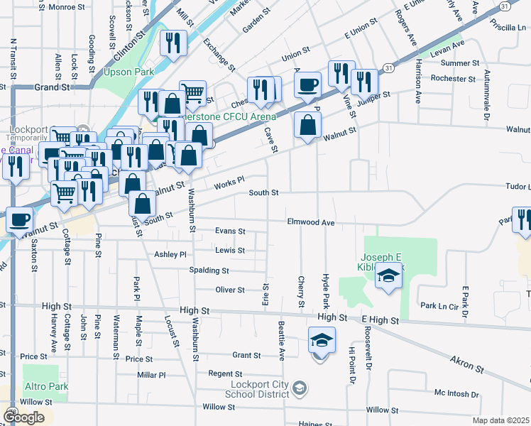 map of restaurants, bars, coffee shops, grocery stores, and more near 90 Erie Street in Lockport
