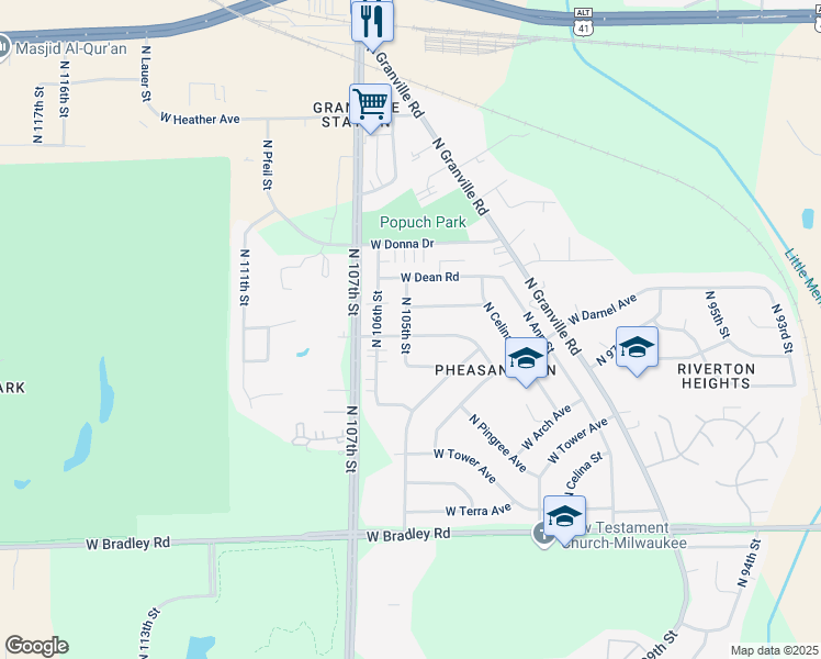 map of restaurants, bars, coffee shops, grocery stores, and more near 8283 North 105th Street in Milwaukee