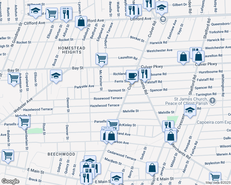 map of restaurants, bars, coffee shops, grocery stores, and more near 127 Vermont Street in Rochester