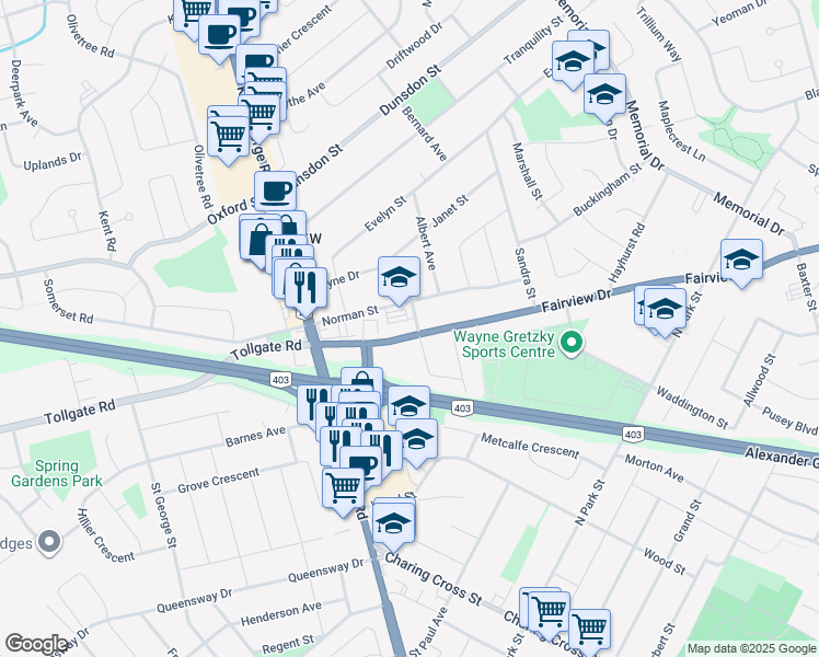 map of restaurants, bars, coffee shops, grocery stores, and more near 34 Norman Street in Brantford