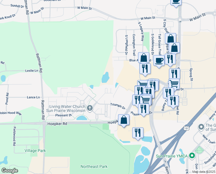 map of restaurants, bars, coffee shops, grocery stores, and more near 1033 Providence Common in Sun Prairie