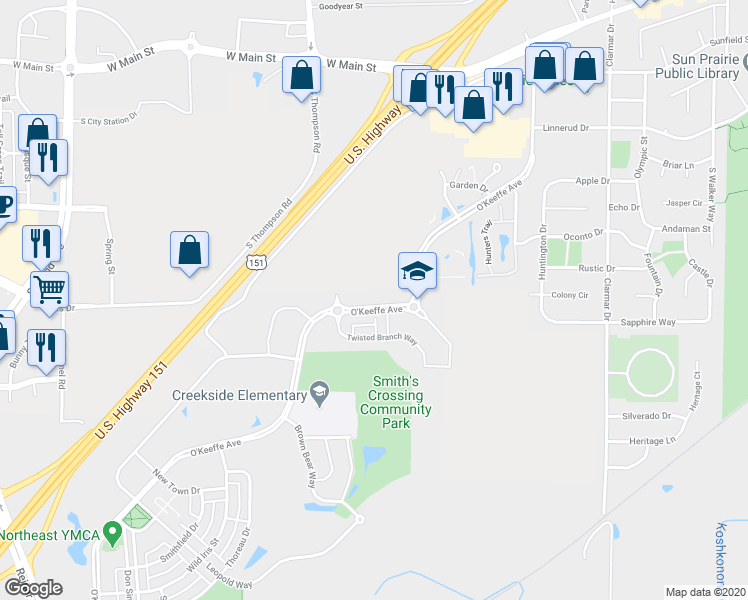 map of restaurants, bars, coffee shops, grocery stores, and more near 1110 O'Keeffe Avenue in Sun Prairie