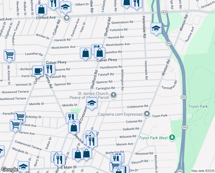 map of restaurants, bars, coffee shops, grocery stores, and more near 301 Tarrington Road in Irondequoit