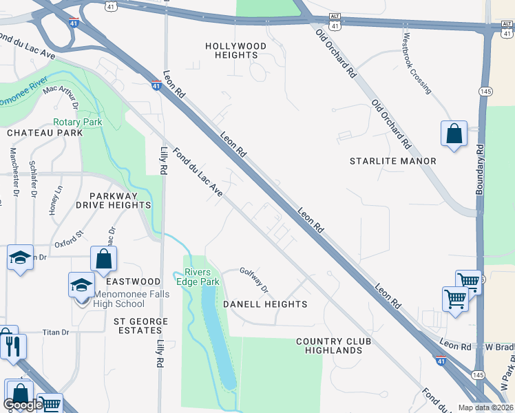 map of restaurants, bars, coffee shops, grocery stores, and more near N83W13600 West Fond Du Lac Avenue in Menomonee Falls