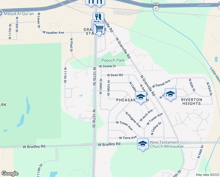 map of restaurants, bars, coffee shops, grocery stores, and more near 8283 North 105th Street in Milwaukee