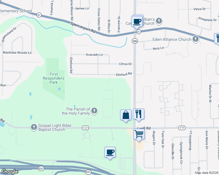 map of restaurants, bars, coffee shops, grocery stores, and more near 44 Timber Creek Trail in Monroe County