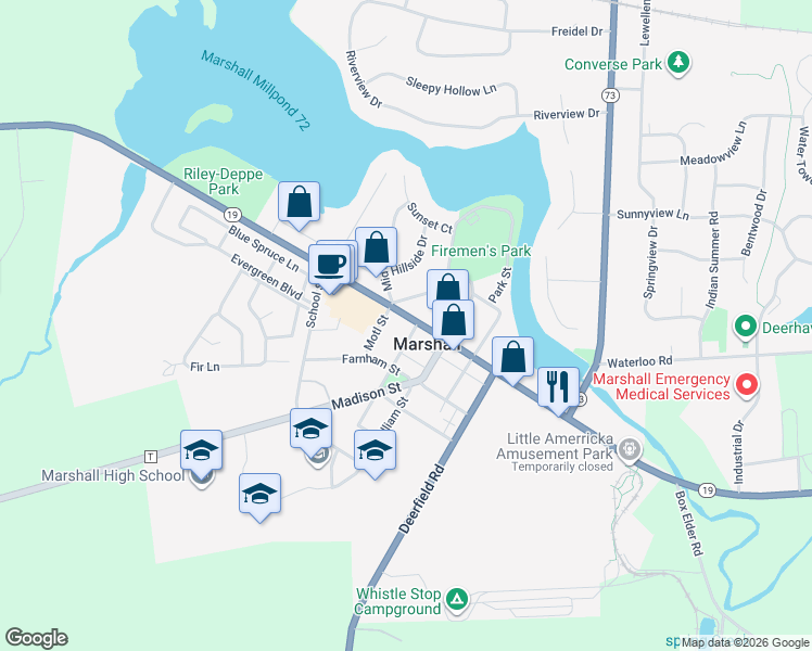 map of restaurants, bars, coffee shops, grocery stores, and more near in Marshall
