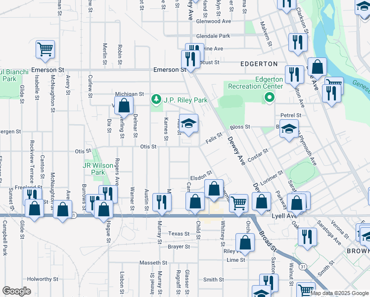 map of restaurants, bars, coffee shops, grocery stores, and more near 41 Otis Street in Rochester