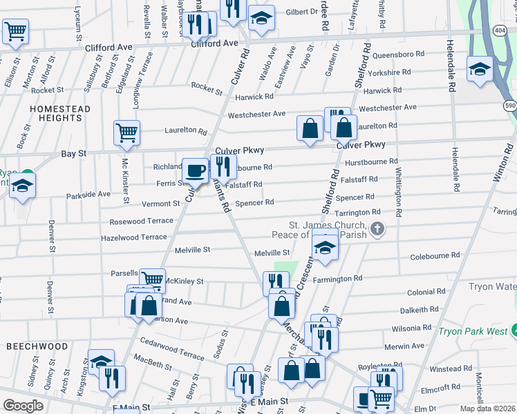 map of restaurants, bars, coffee shops, grocery stores, and more near 34 Woodrow Avenue in Irondequoit