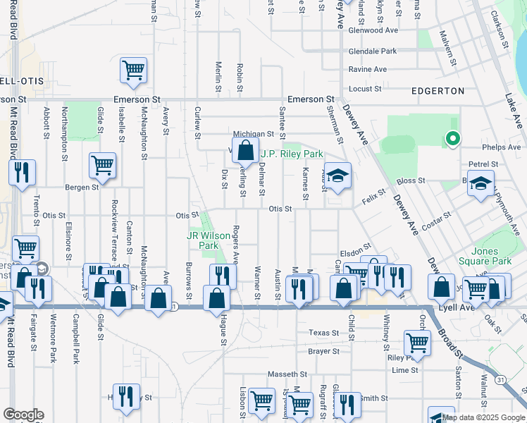 map of restaurants, bars, coffee shops, grocery stores, and more near in Rochester