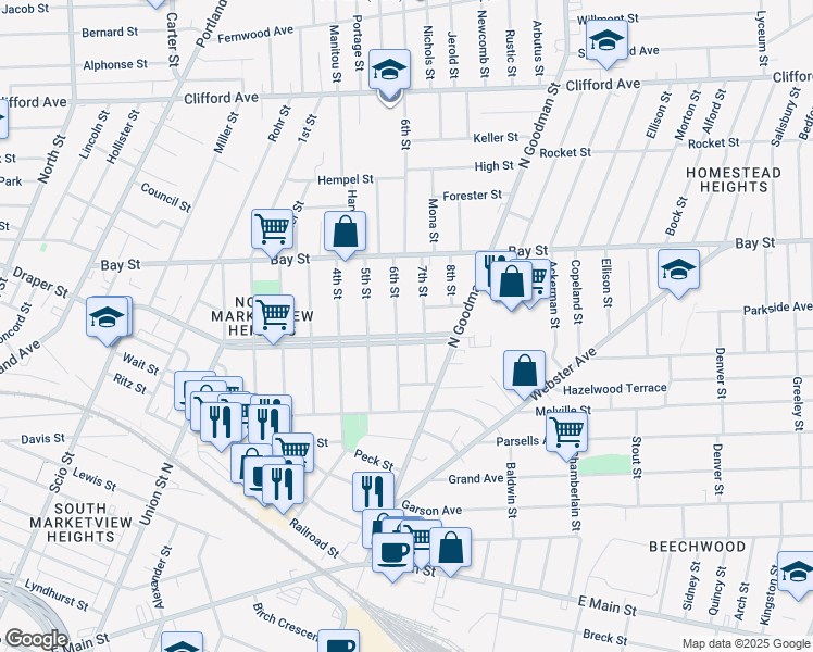 map of restaurants, bars, coffee shops, grocery stores, and more near 497 Central Park in Rochester