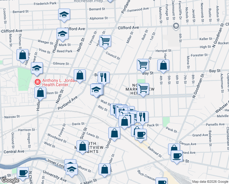 map of restaurants, bars, coffee shops, grocery stores, and more near 12 Vetter Street in Rochester