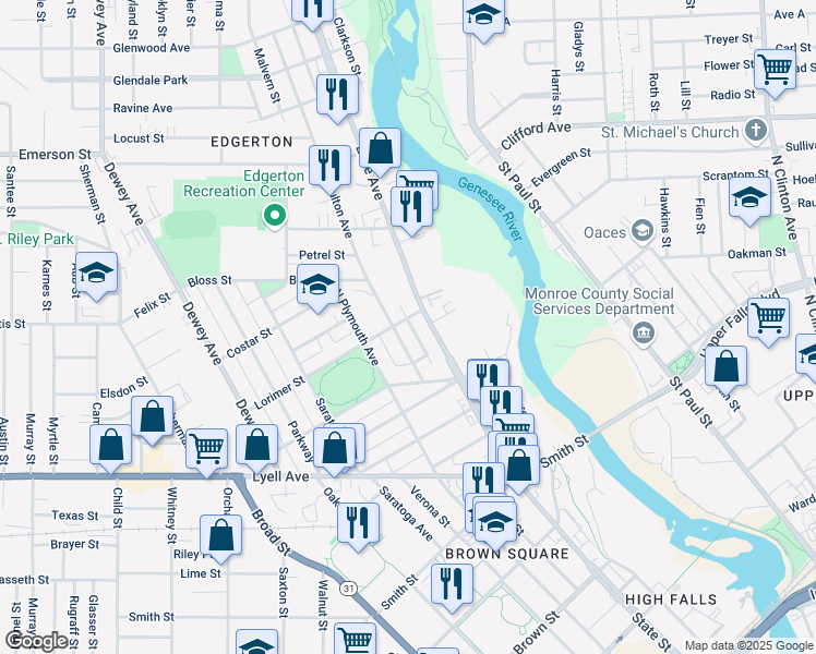 map of restaurants, bars, coffee shops, grocery stores, and more near 23 Fulton Avenue in Rochester