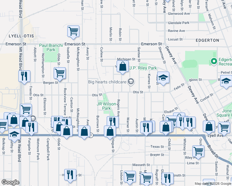 map of restaurants, bars, coffee shops, grocery stores, and more near 49 Rogers Avenue in Rochester