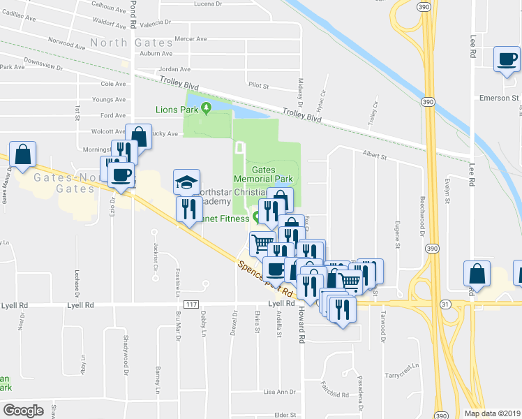 map of restaurants, bars, coffee shops, grocery stores, and more near in Monroe County