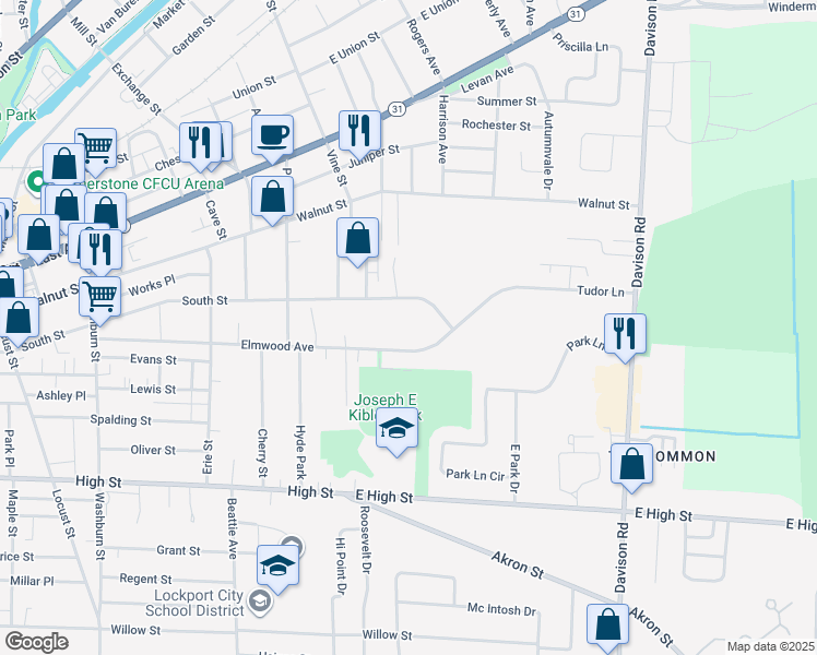 map of restaurants, bars, coffee shops, grocery stores, and more near 294 Elmwood Avenue in Lockport