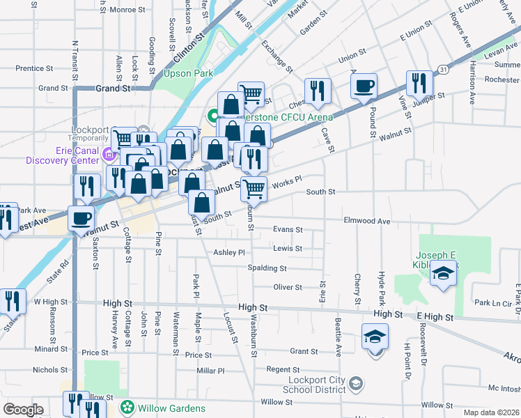map of restaurants, bars, coffee shops, grocery stores, and more near 7 Elmwood Avenue in Lockport