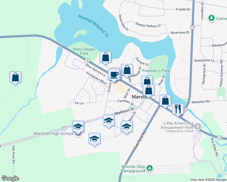 map of restaurants, bars, coffee shops, grocery stores, and more near 136 Motl Street in Marshall