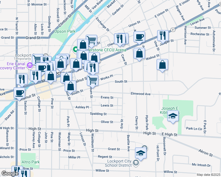 map of restaurants, bars, coffee shops, grocery stores, and more near 90 Elmwood Avenue in Lockport