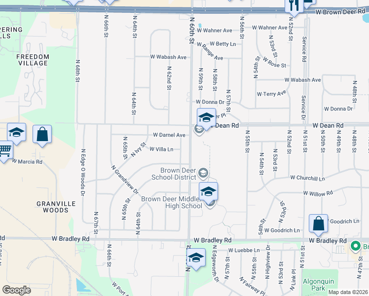 map of restaurants, bars, coffee shops, grocery stores, and more near 8272 North 61st Street in Brown Deer