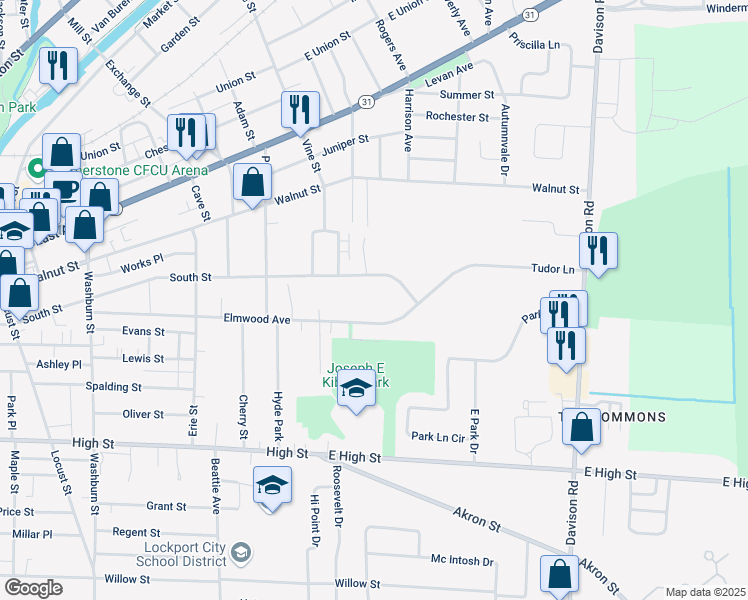 map of restaurants, bars, coffee shops, grocery stores, and more near 294 Elmwood Avenue in Lockport