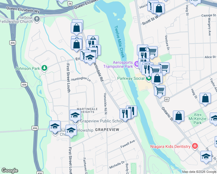 map of restaurants, bars, coffee shops, grocery stores, and more near in St. Catharines