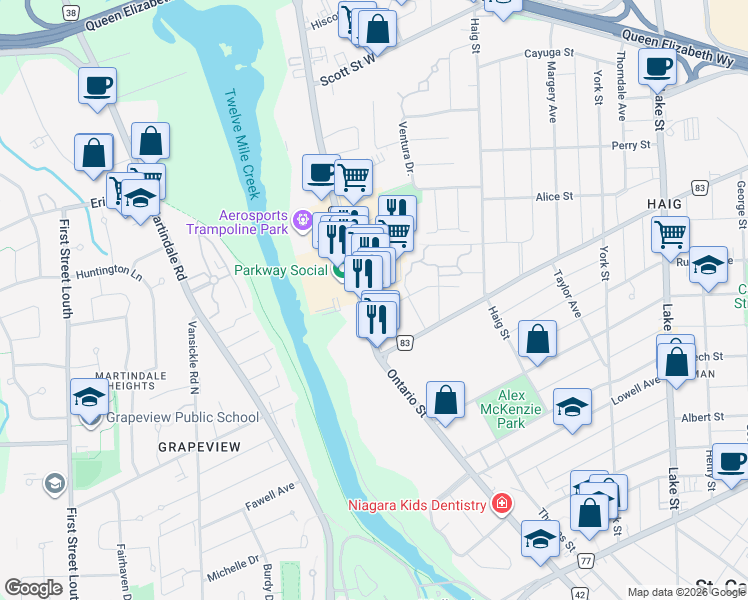 map of restaurants, bars, coffee shops, grocery stores, and more near 318 Ontario Street in Saint Catharines