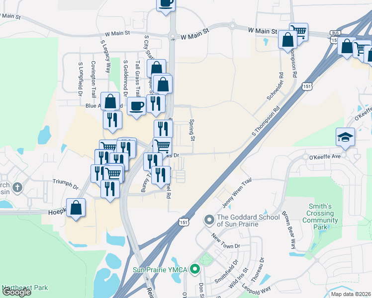 map of restaurants, bars, coffee shops, grocery stores, and more near 650 Spring St in Sun Prairie