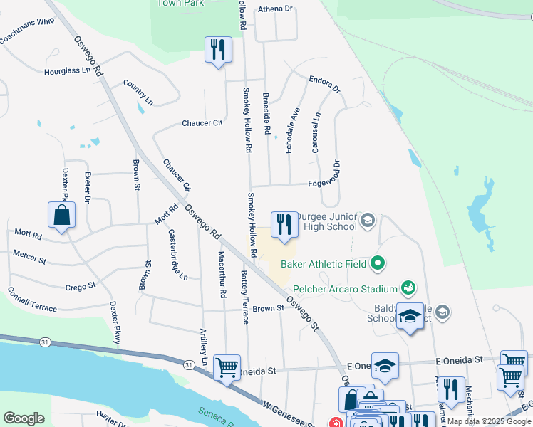 map of restaurants, bars, coffee shops, grocery stores, and more near 89 La Madre Way in Baldwinsville