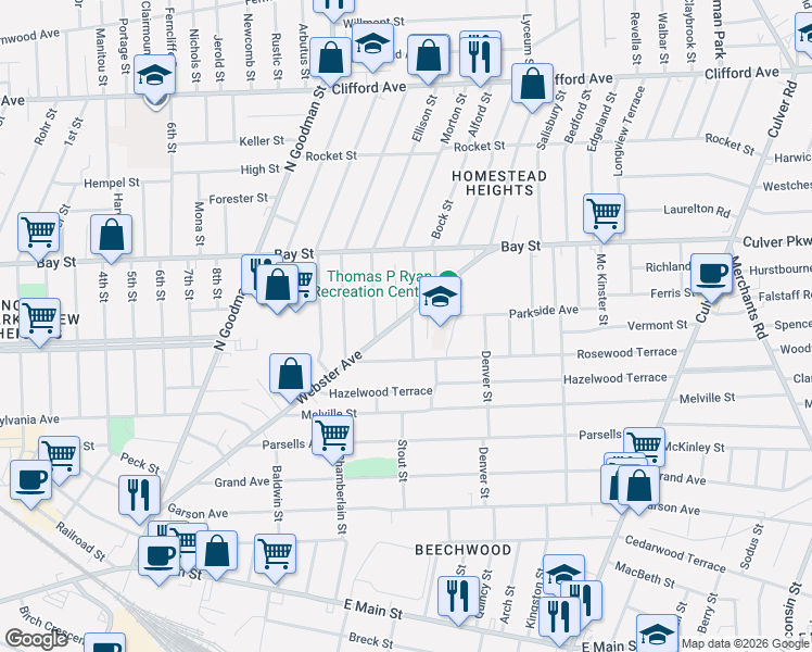 map of restaurants, bars, coffee shops, grocery stores, and more near 22 Shafer Street in Rochester