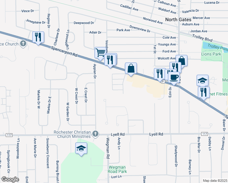 map of restaurants, bars, coffee shops, grocery stores, and more near 317 Gates Manor Drive in Rochester