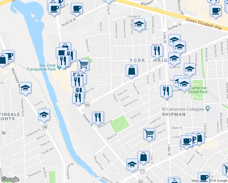 map of restaurants, bars, coffee shops, grocery stores, and more near 75 Grass Avenue in St. Catharines