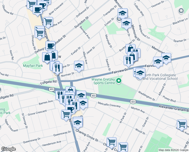 map of restaurants, bars, coffee shops, grocery stores, and more near 68 Fairview Drive in Brantford